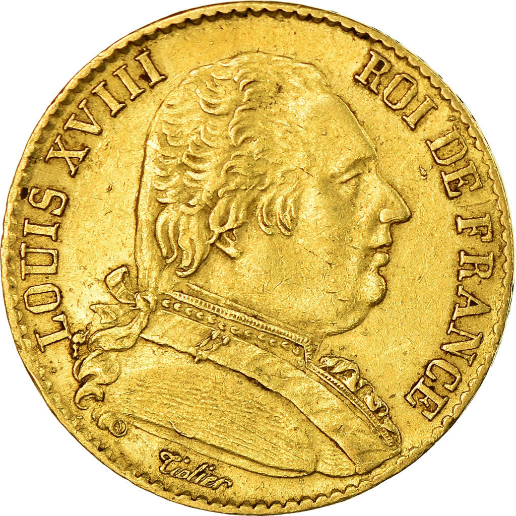 Moneta, Francja, Louis XVIII, 20 Francs, 1814, Paris, AU(50-53), Złoto