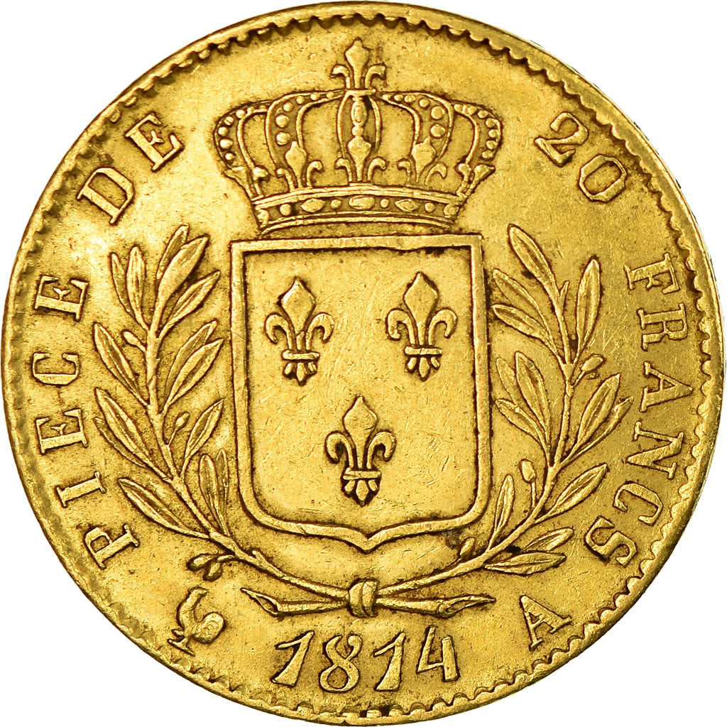 Moneta, Francja, Louis XVIII, 20 Francs, 1814, Paris, AU(50-53), Złoto