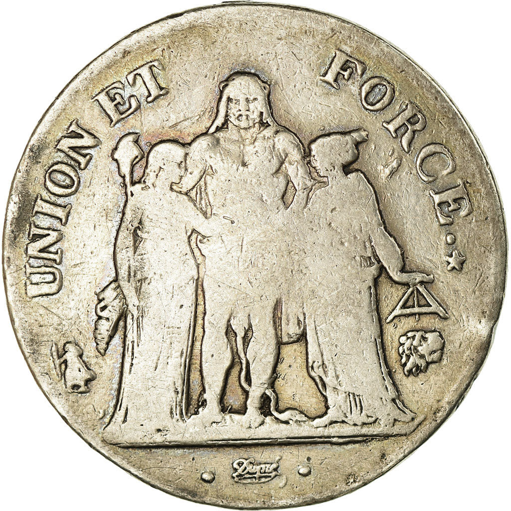 Moneta, Francia, Union et Force, 5 Francs, AN 9, Bayonne, MB, Argento, KM:639.6
