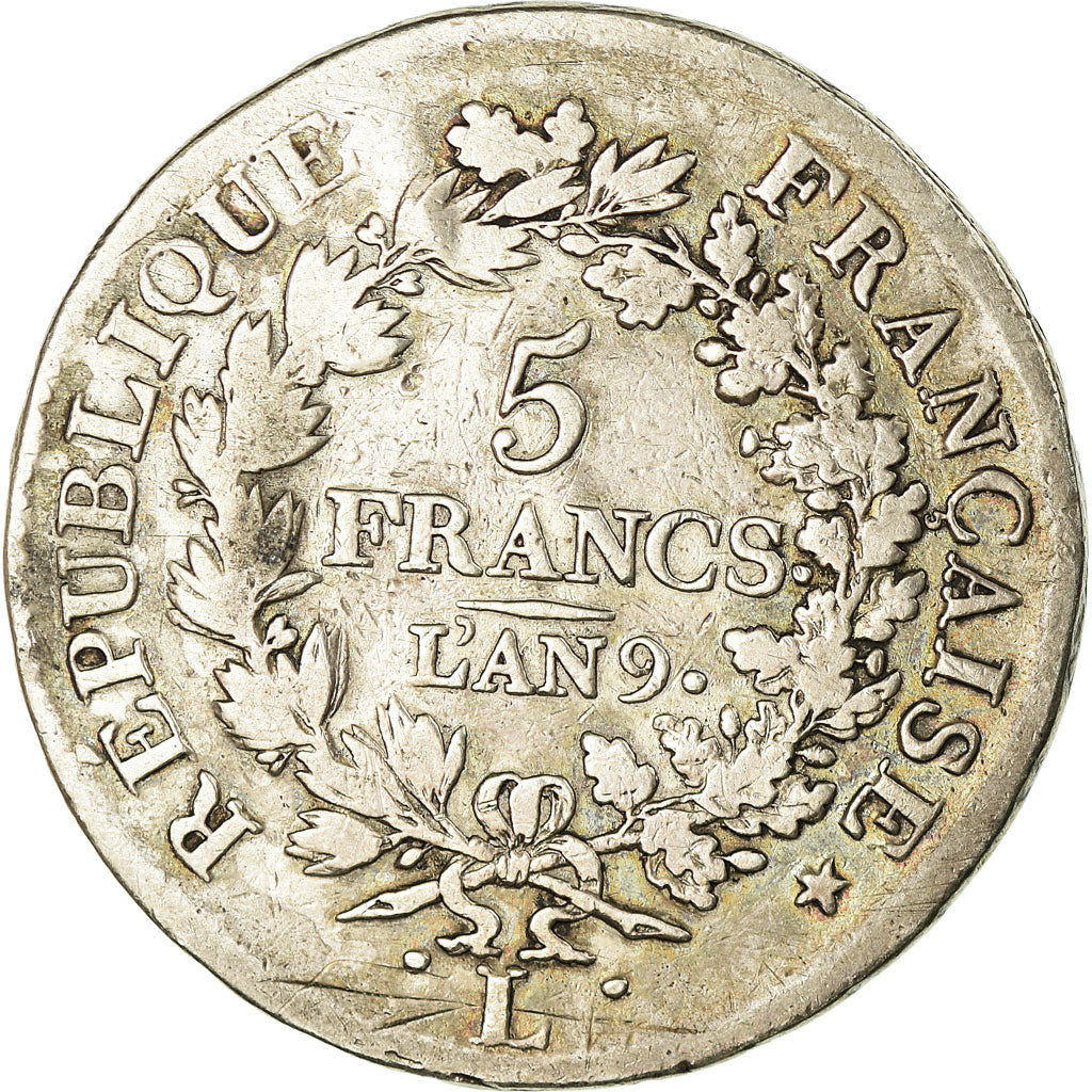 Moneta, Francia, Union et Force, 5 Francs, AN 9, Bayonne, MB, Argento, KM:639.6