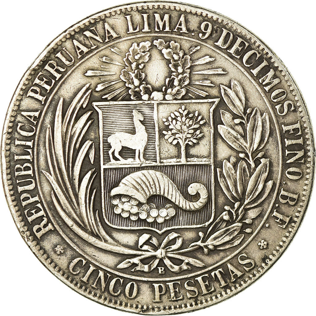 Münze, Peru, 5 Pesetas, 1880, Lima, S, Silber, KM:201.1