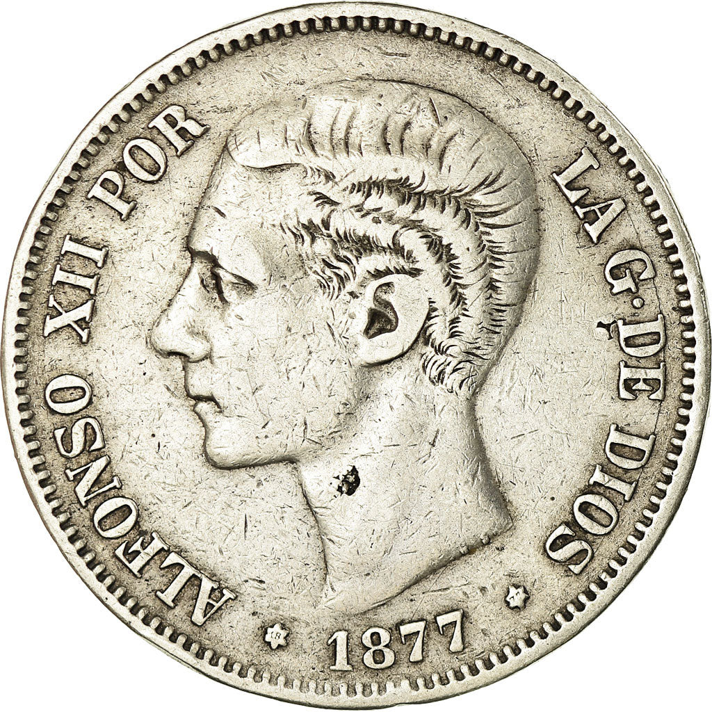 Coin, Spain, Alfonso XII, 5 Pesetas, 1877, Madrid, VF(20-25), Silver, KM:676
