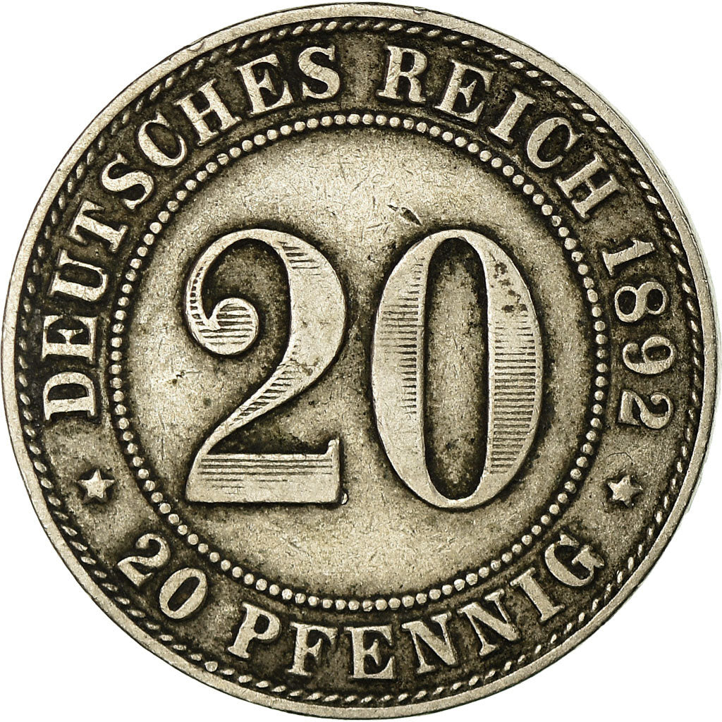 Coin, GERMANY - EMPIRE, 20 Pfennig, 1892, Stuttgart, EF(40-45), Copper-nickel