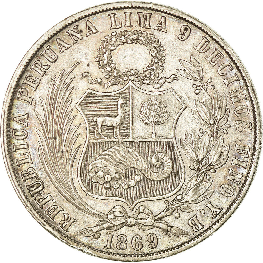 Coin, Peru, SOUTH PERU, Sol, 1869, Lima, AU(50-53), Silver, KM:196.3