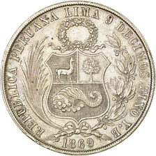 Coin, Peru, SOUTH PERU, Sol, 1869, Lima, AU(50-53), Silver, KM:196.3