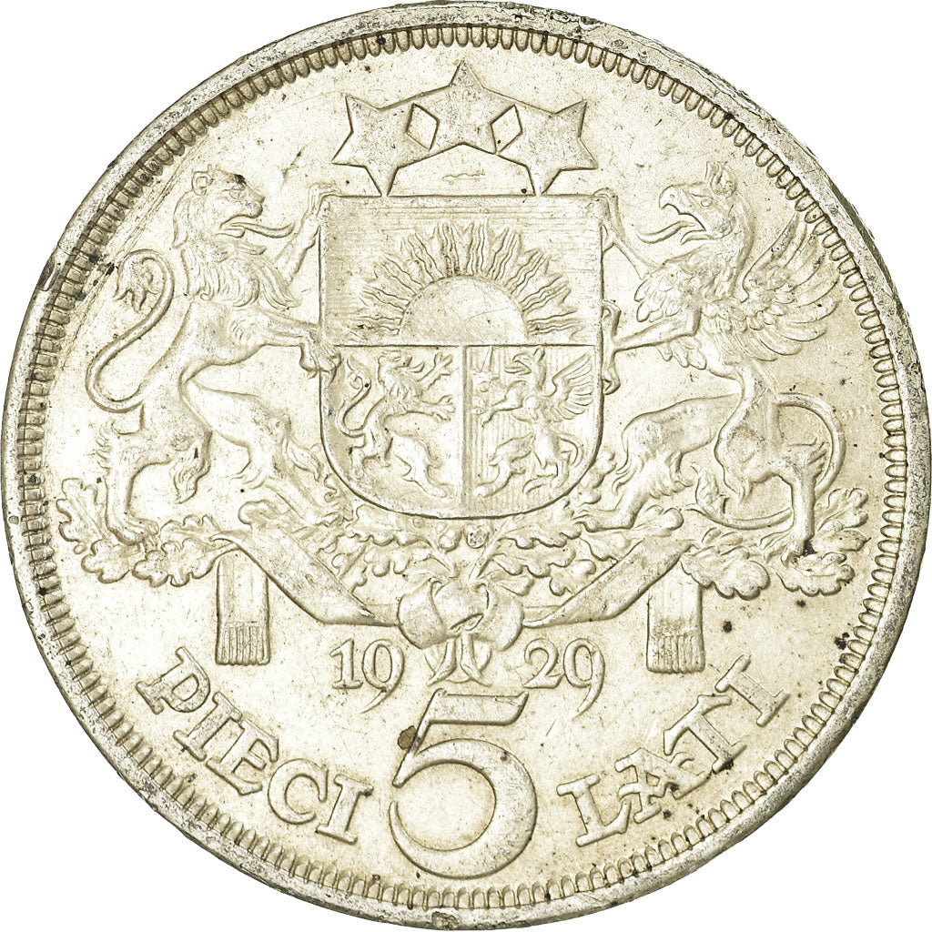 Coin, Latvia, 5 Lati, 1929, EF(40-45), Silver, KM:9