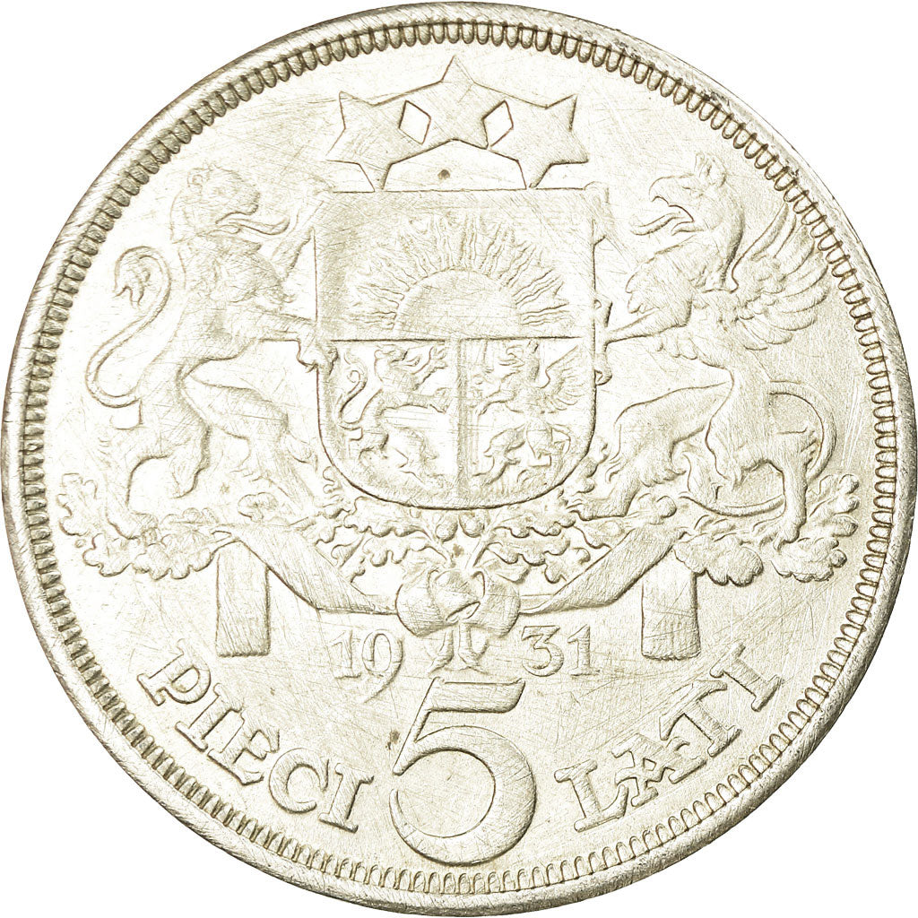 Coin, Latvia, 5 Lati, 1931, EF(40-45), Silver, KM:9