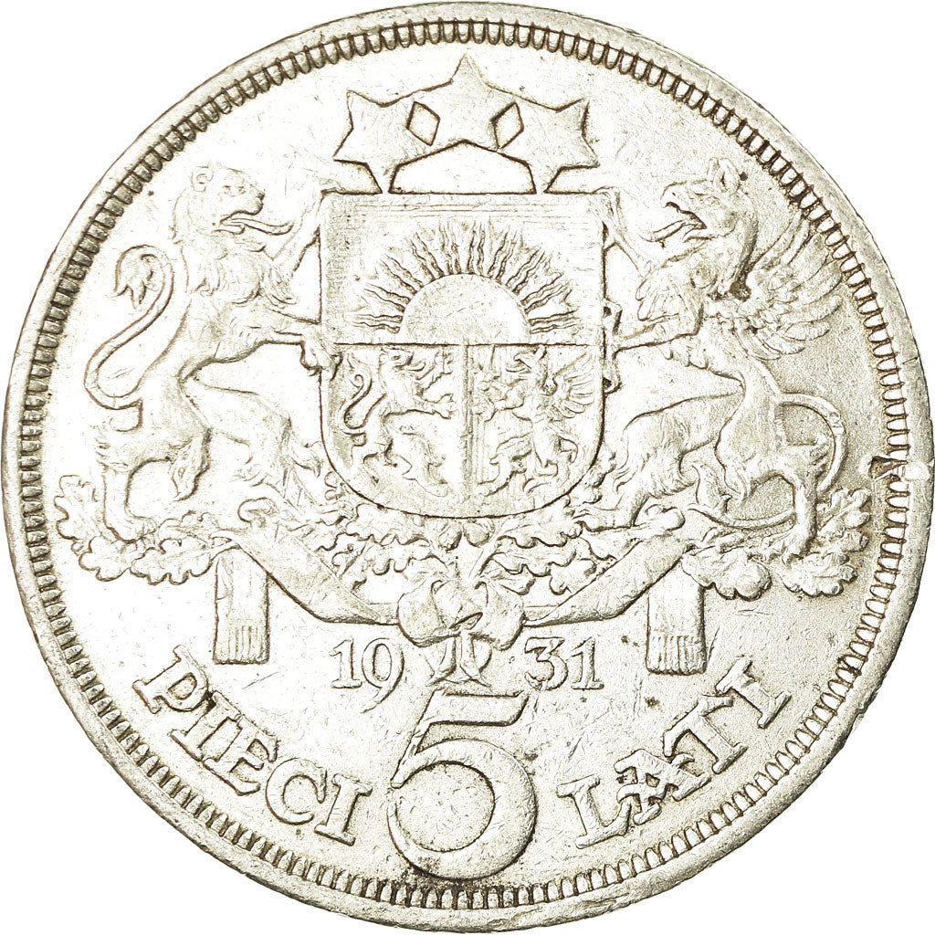 Coin, Latvia, 5 Lati, 1931, EF(40-45), Silver, KM:9