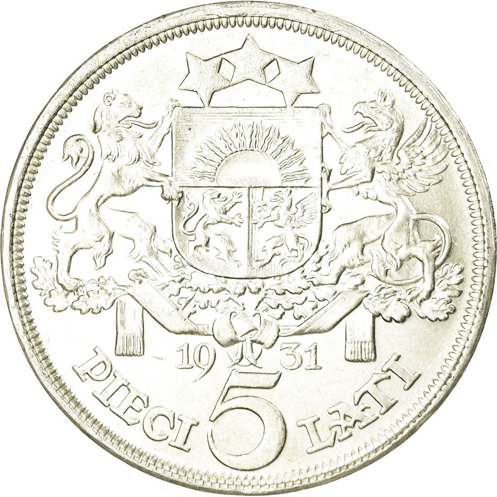 Coin, Latvia, 5 Lati, 1931, AU(55-58), Silver, KM:9