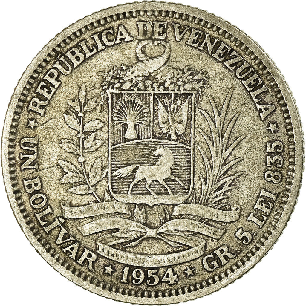 Moneda, Venezuela, Bolivar, 1954, Philadelphia, MBC, Plata, KM:37