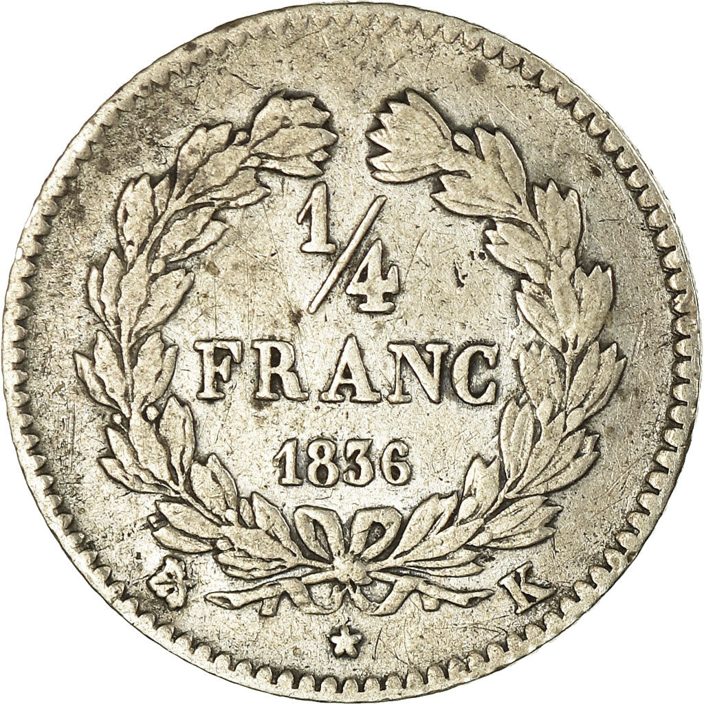 Moneta, Francia, Louis-Philippe, 1/4 Franc, 1836, Bordeaux, BB, Argento