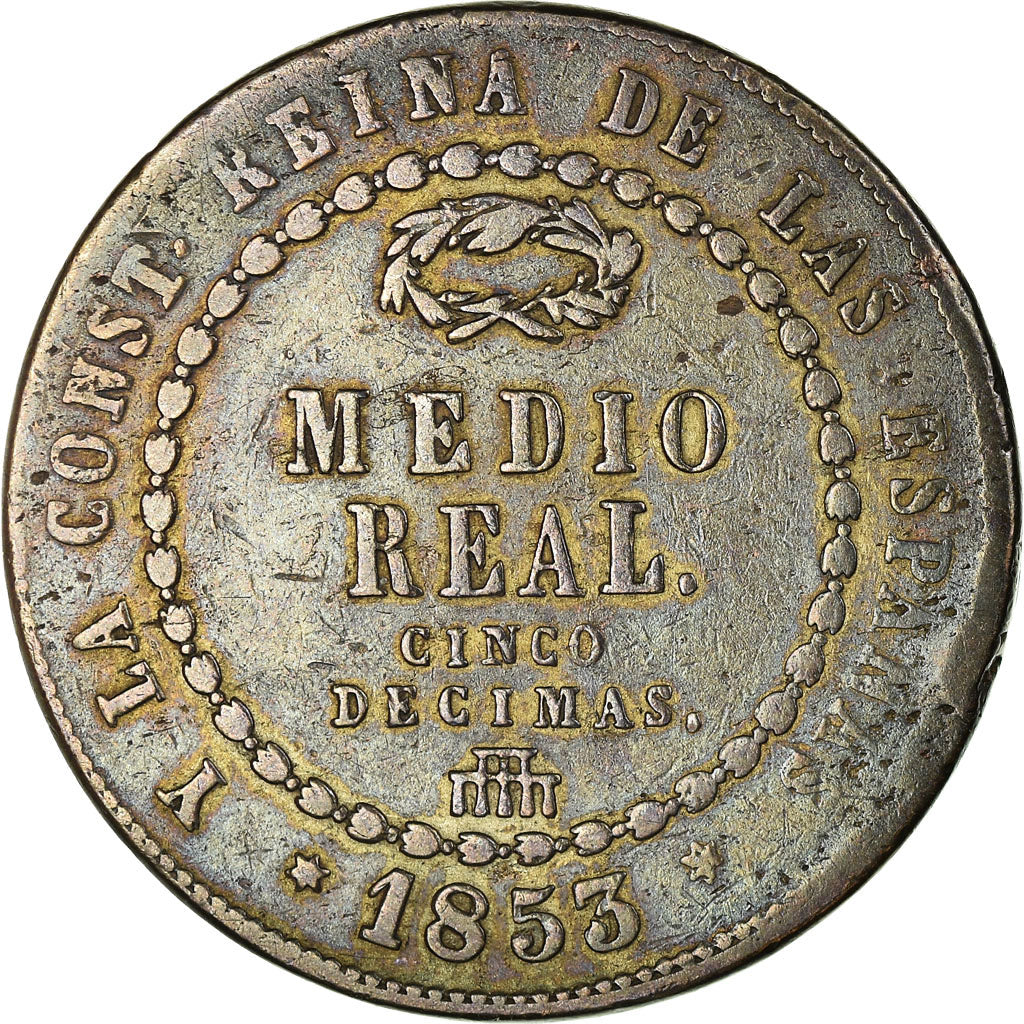 Coin, Spain, Isabel II, 1/2 Réal, 1853, Madrid, EF(40-45), Copper, KM:591.3