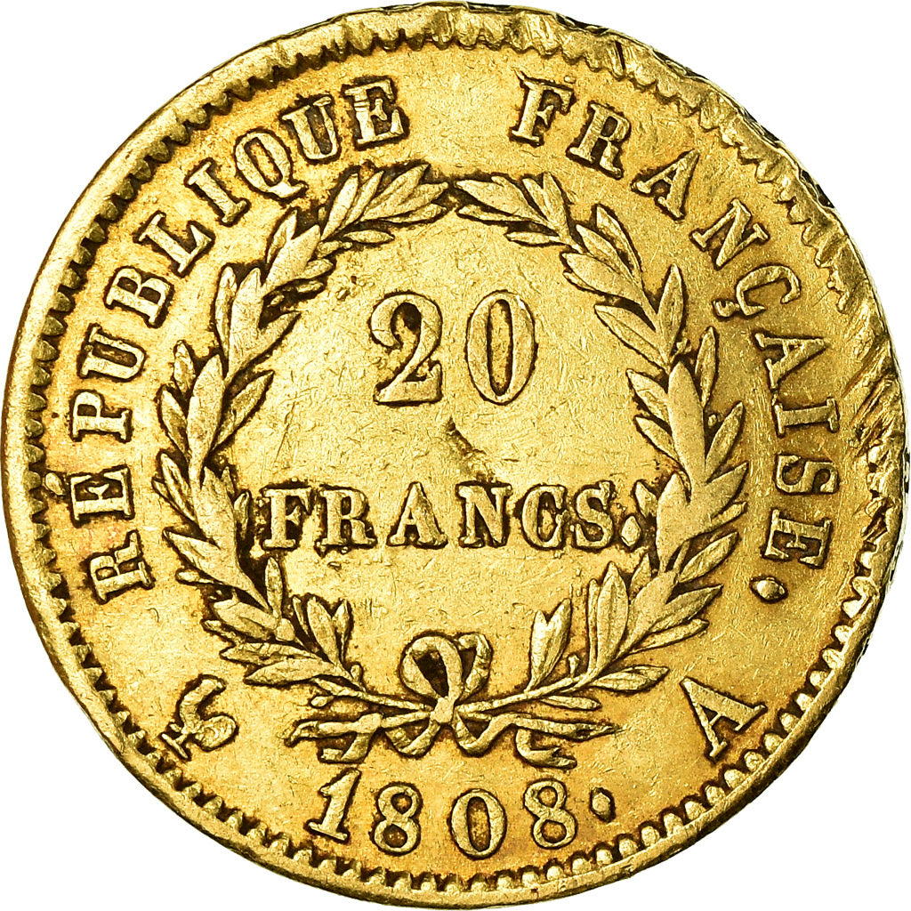 Moeda, França, Napoléon I, 20 Francs, 1808, Paris, VF(30-35), Dourado