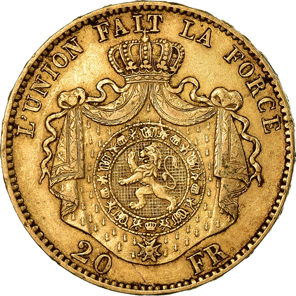 Coin, Belgium, Leopold II, 20 Francs, 20 Frank, 1868, Brussels, AU(55-58), Gold