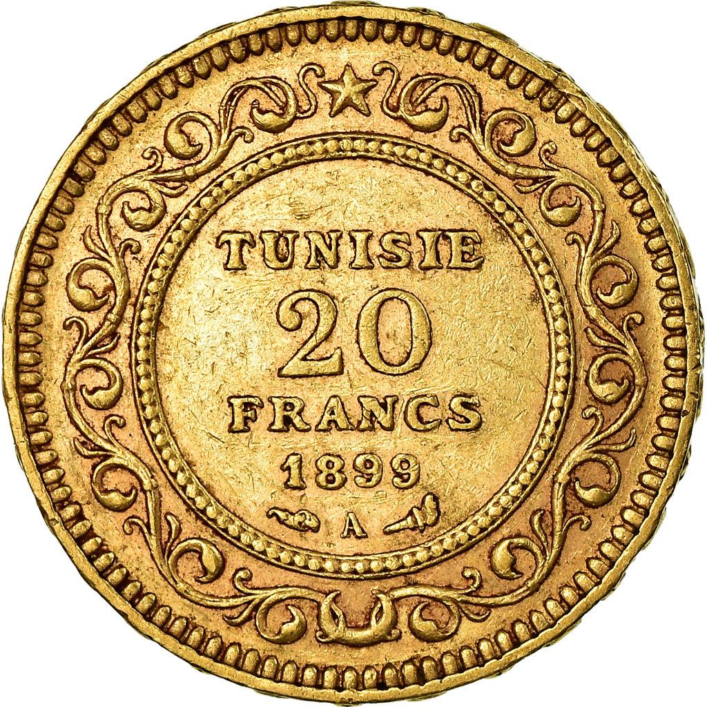 Coin, Tunisia, Ali Bey, 20 Francs, 1899, Paris, EF(40-45), Gold, KM:227