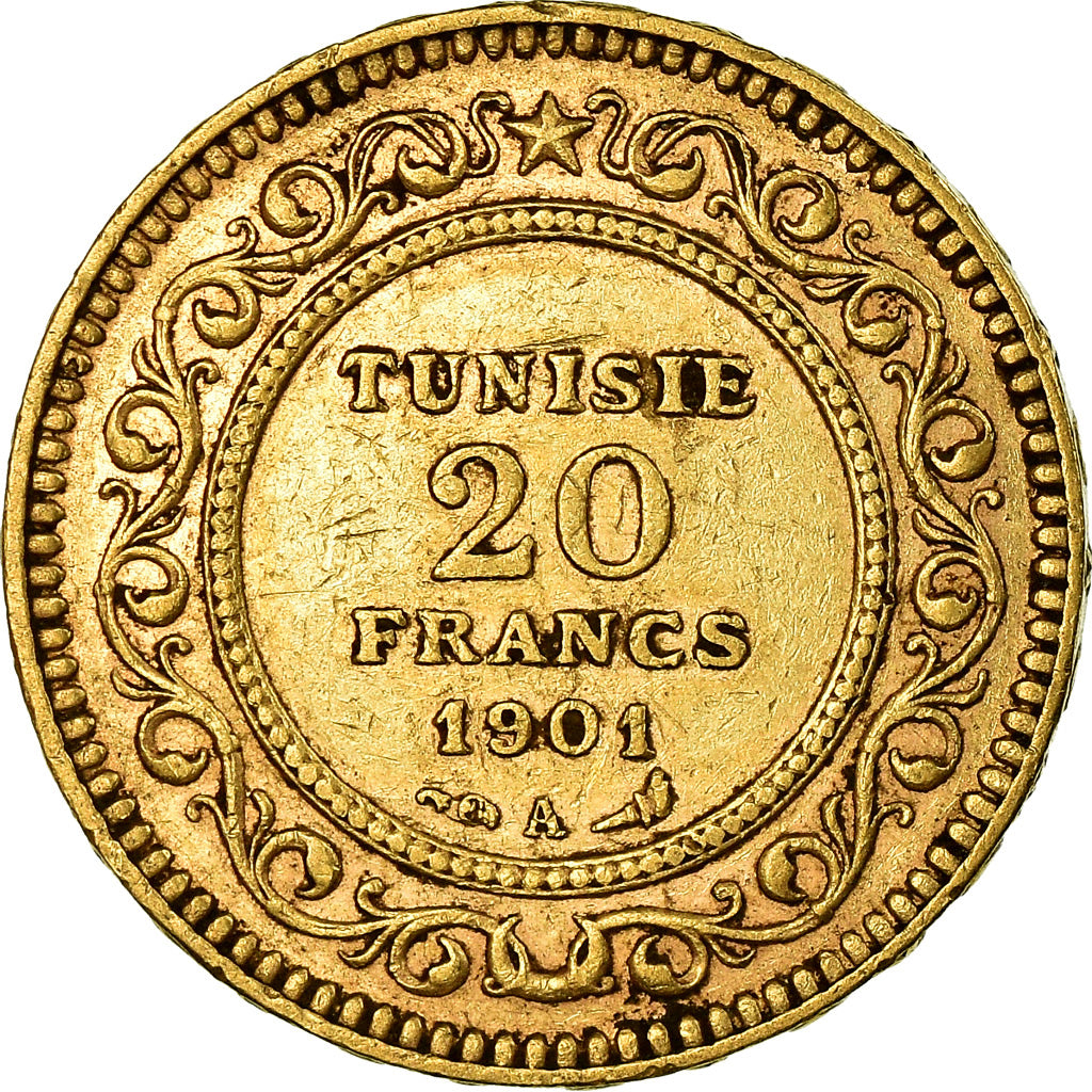 Coin, Tunisia, Ali Bey, 20 Francs, 1901, Paris, EF(40-45), Gold, KM:227