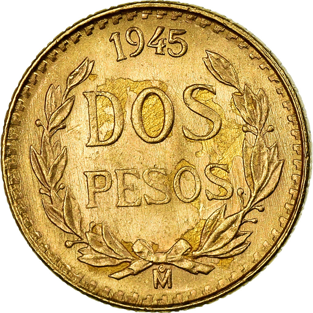 Coin, Mexico, 2 Pesos, 1945, Mexico City, MS(63), Gold, KM:461