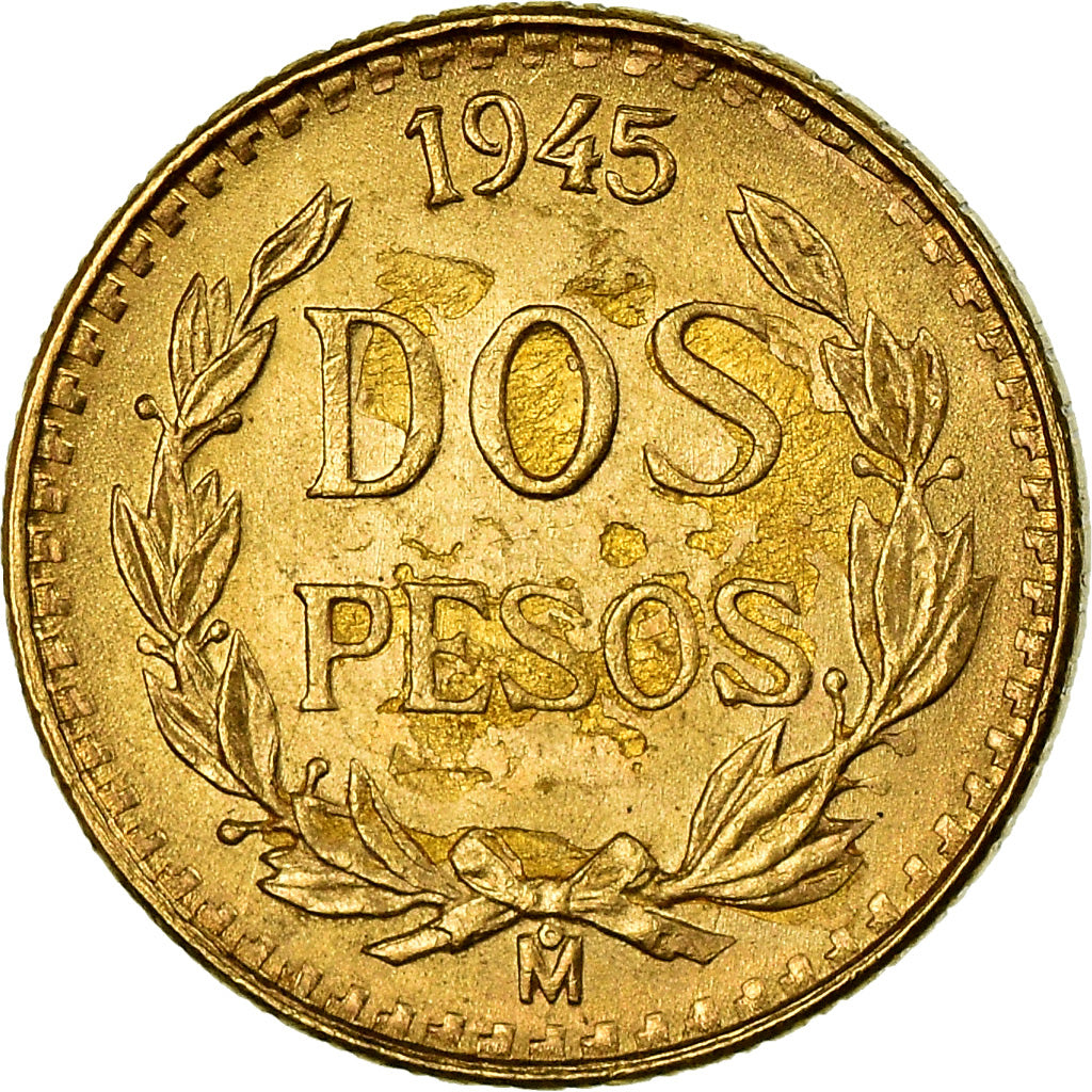 Coin, Mexico, 2 Pesos, 1945, Mexico City, MS(63), Gold, KM:461