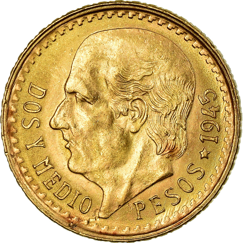 Coin, Mexico, 2-1/2 Pesos, 1945, Mexico City, AU(55-58), Gold, KM:463