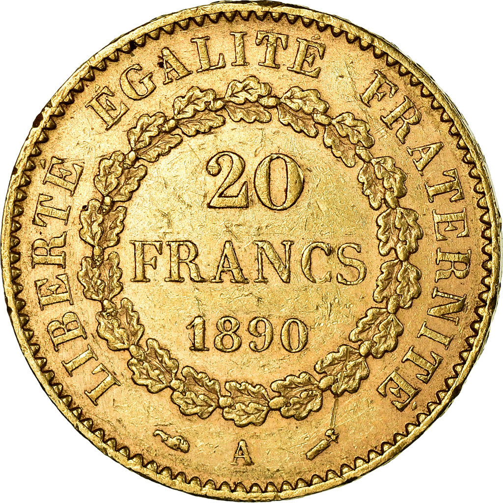 Moeda, França, Génie, 20 Francs, 1890, Paris, AU(55-58), Dourado, KM:825