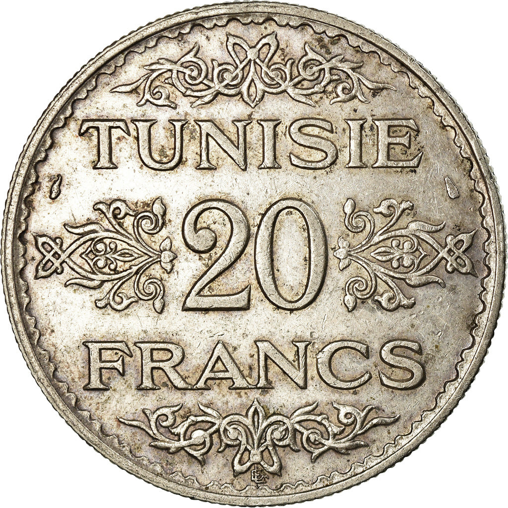 Coin, Tunisia, Ahmad Pasha Bey, 20 Francs, 1934, Paris, EF(40-45), Silver