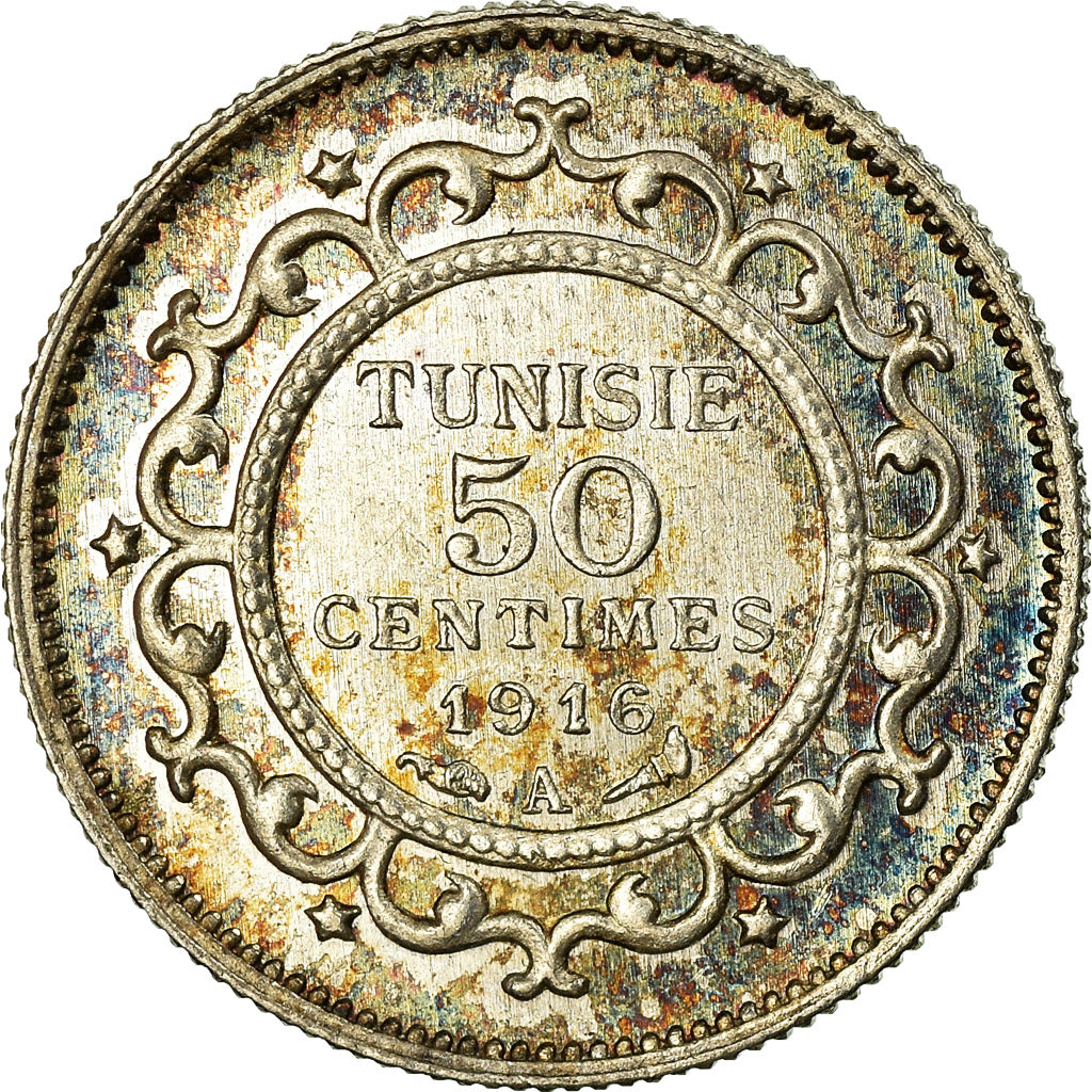 Moneta, Tunisia, Muhammad al-Nasir Bey, 50 Centimes, 1916, Paris, SPL-, Argento