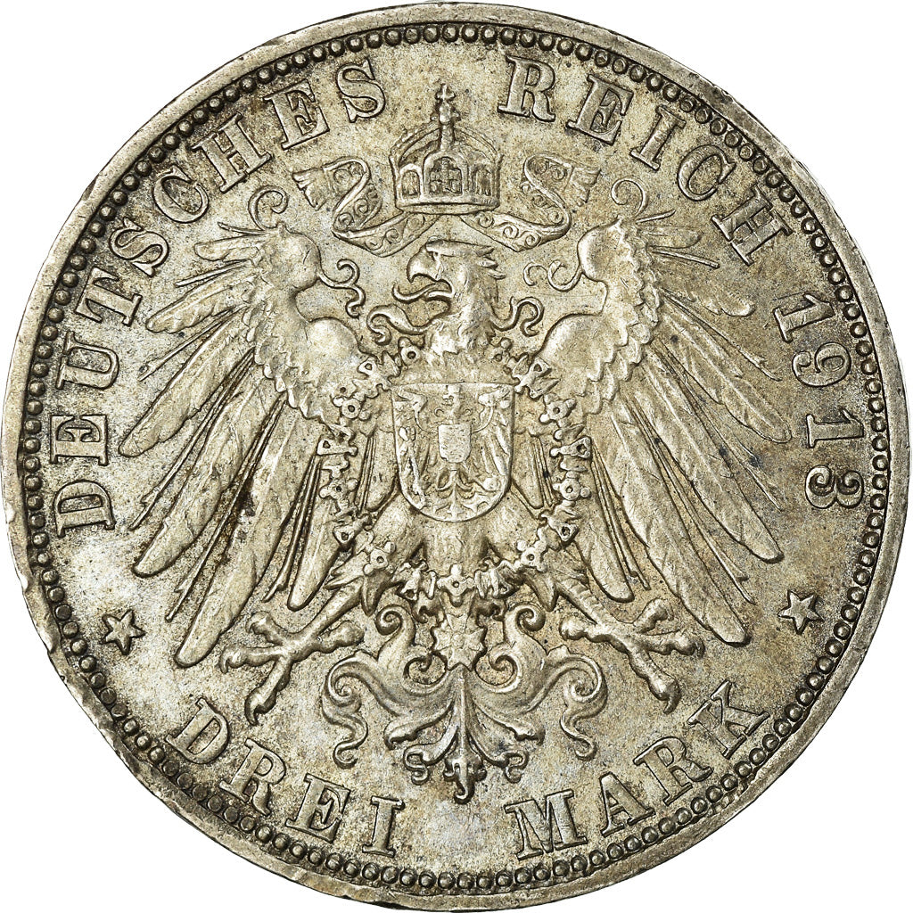 Coin, German States, BAVARIA, Otto, 3 Mark, 1913, Munich, AU(50-53), Silver