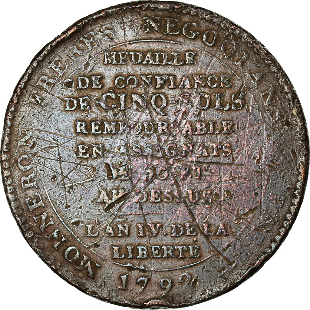 Coin, France, Monneron, 5 Sols, 1792, Paris, VF(20-25), Bronze