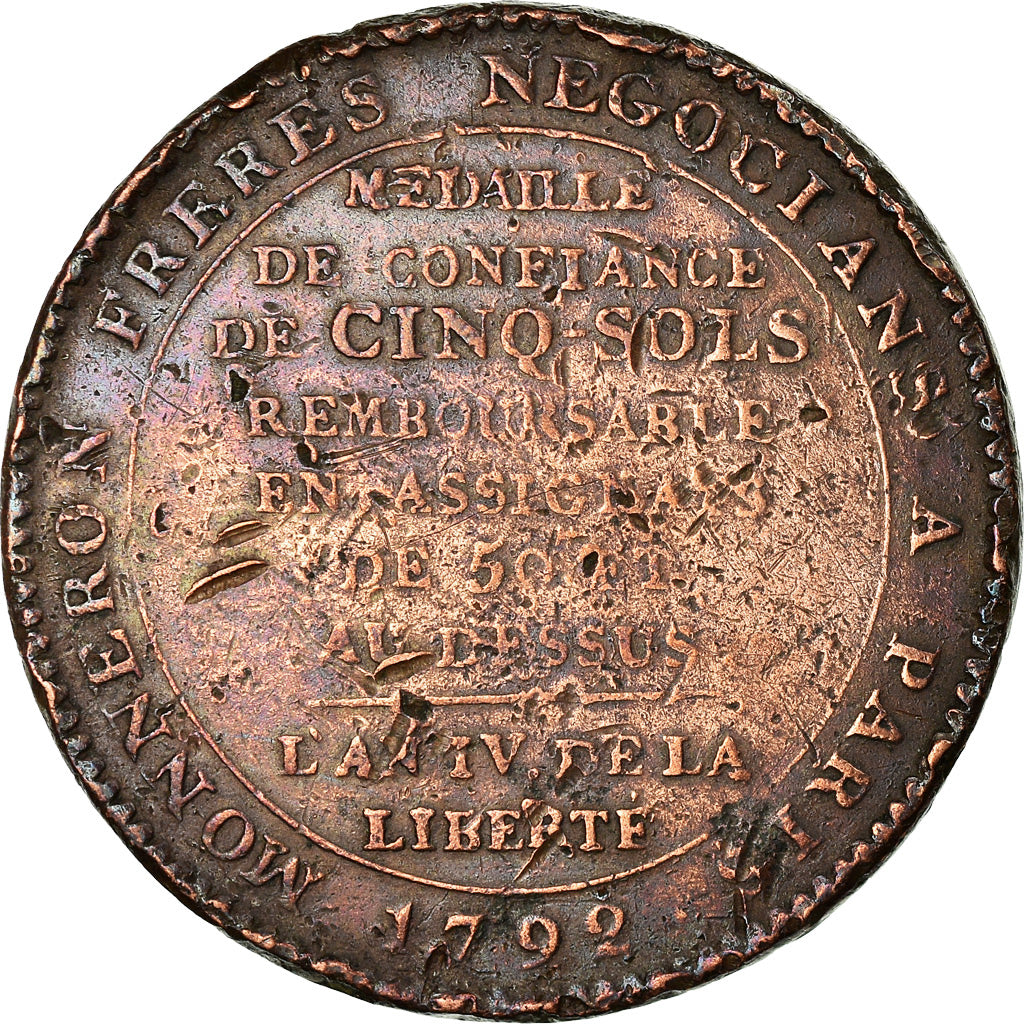 Monnaie, France, Monneron, 5 Sols, 1792, Paris, TB, Bronze