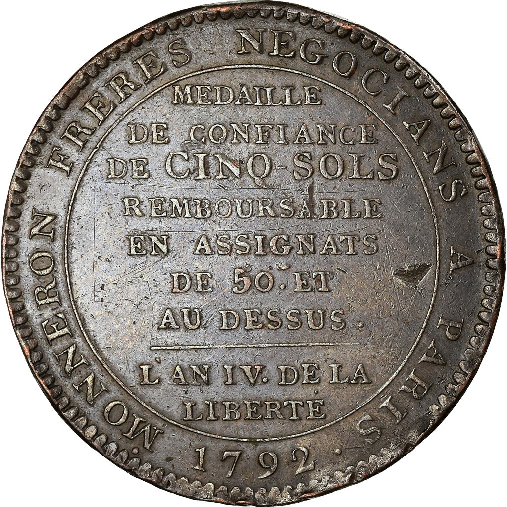 Coin, France, Monneron, 5 Sols, 1792, Paris, EF(40-45), Bronze