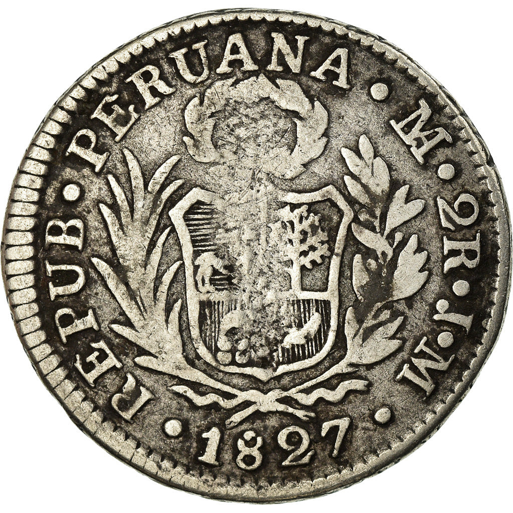 Moneda, Perú, 2 Reales, 1827, Lima, BC+, Plata, KM:141.1