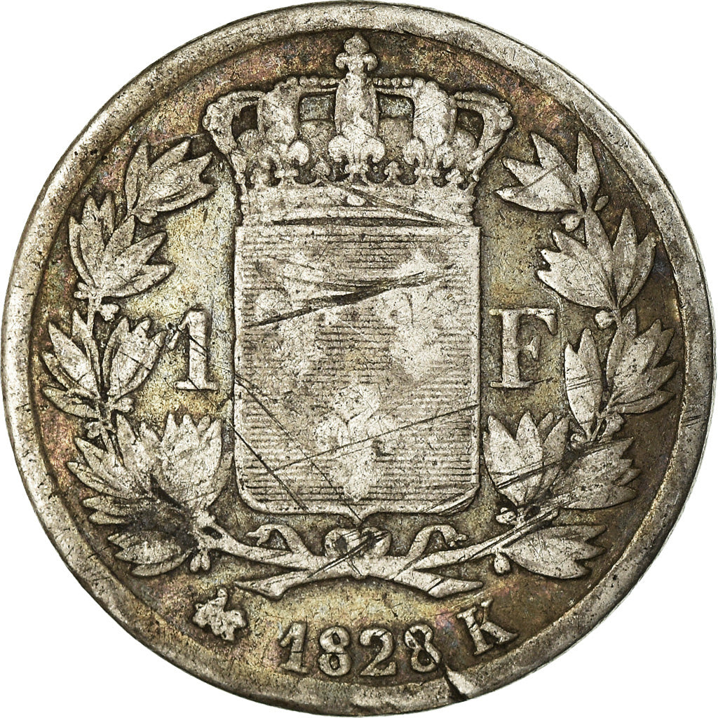 Moeda, França, Charles X, Franc, 1828, Bordeaux, VF(20-25), Prata, KM:724.7