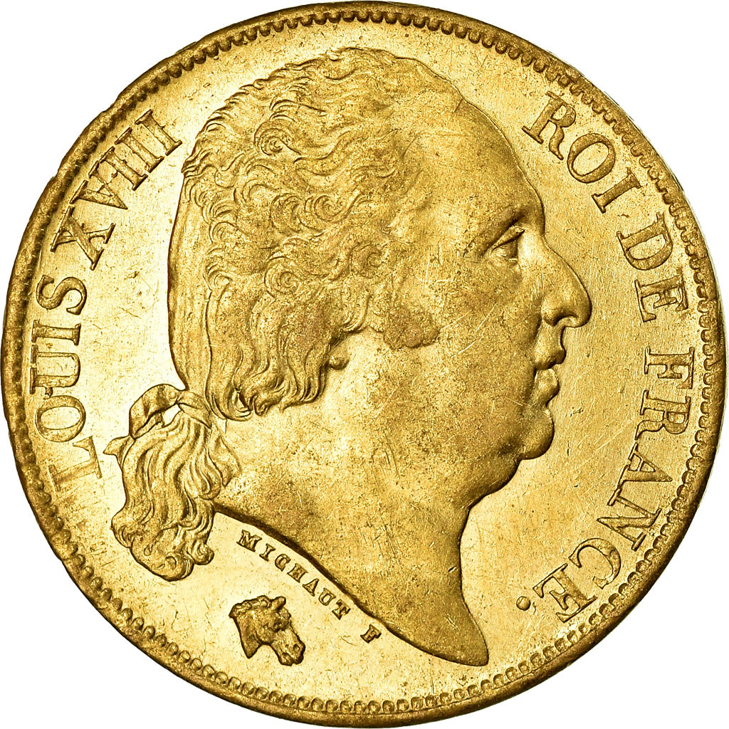 Coin, France, Louis XVIII, Louis XVIII, 20 Francs, 1824, Paris, AU(55-58), Gold