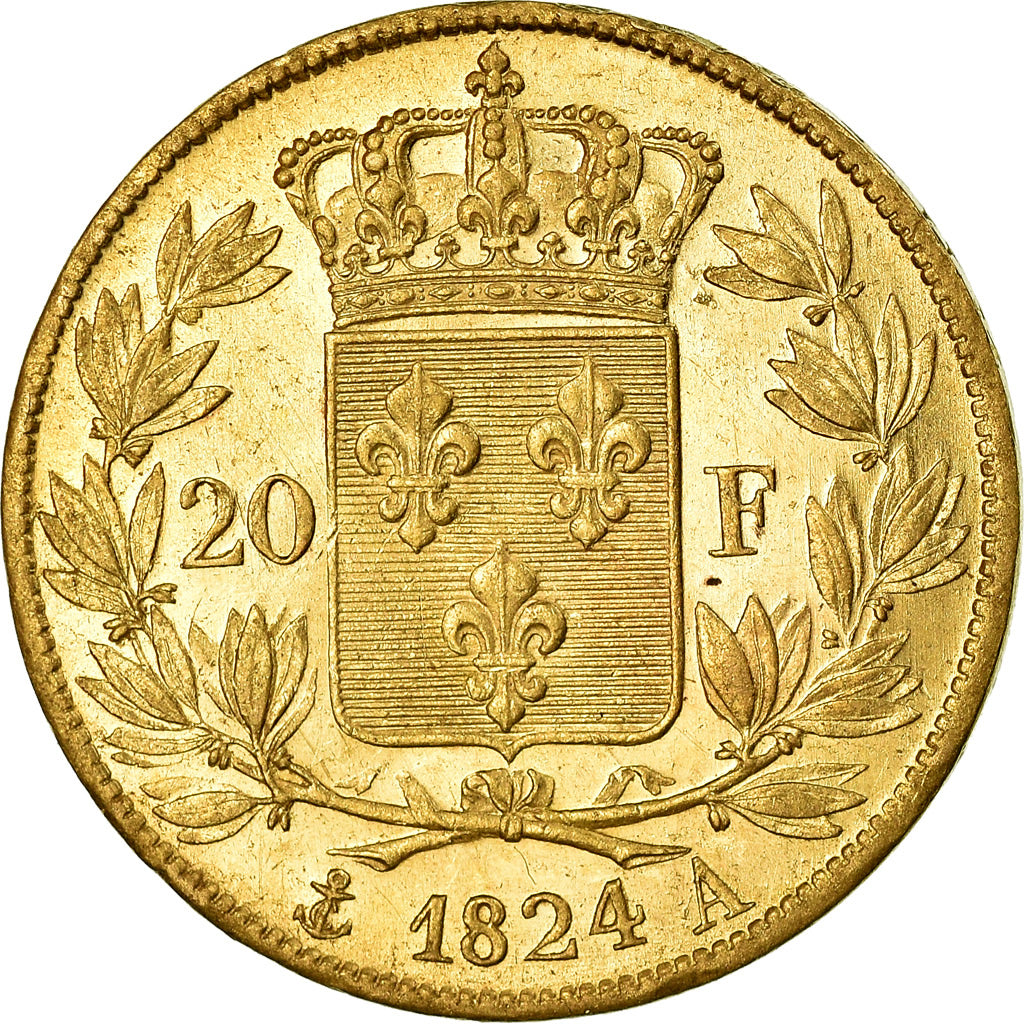 Coin, France, Louis XVIII, Louis XVIII, 20 Francs, 1824, Paris, AU(55-58), Gold