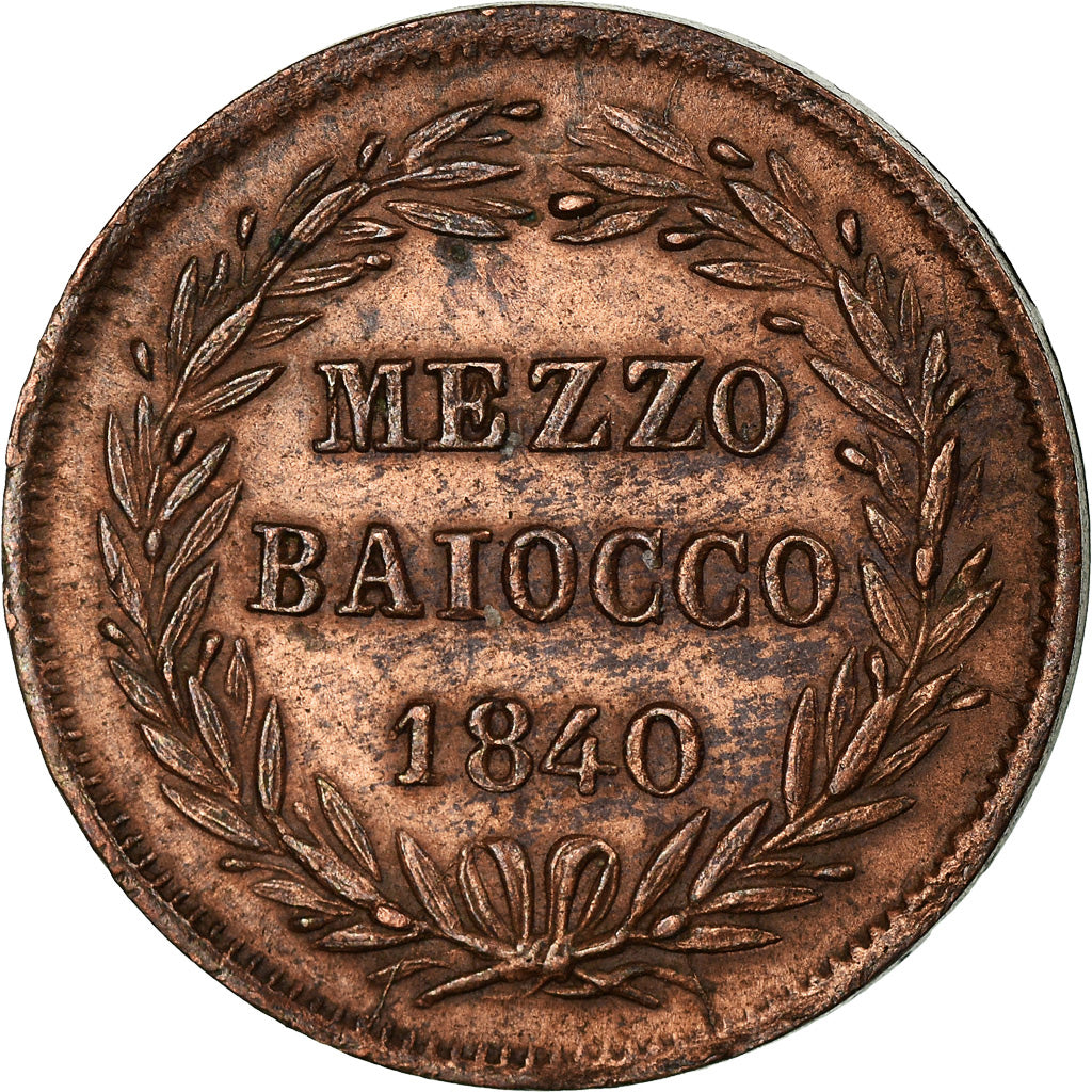Monnaie, États italiens, PAPAL STATES, Gregory XVI, Mezzo (1/2) Baiocco, 1840