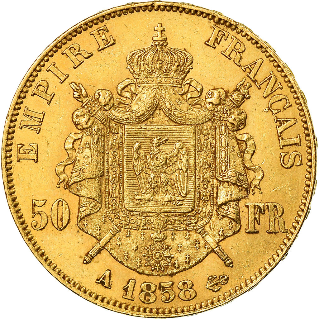 Moneta, Francia, Napoleon III, Napoléon III, 50 Francs, 1858, Paris, BB, Oro