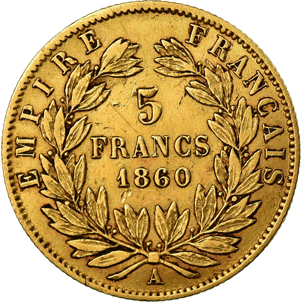 Moneta, Francia, Napoleon III, Napoléon III, 5 Francs, 1860, Paris, MB, Oro