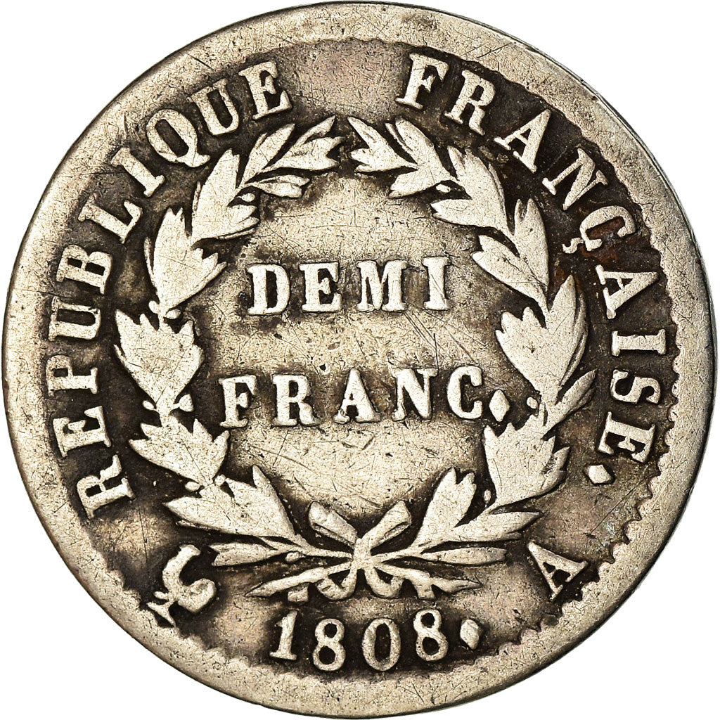 Coin, France, Napoléon I, 1/2 Franc, 1808, Paris, VF(20-25), Silver, KM:680.1