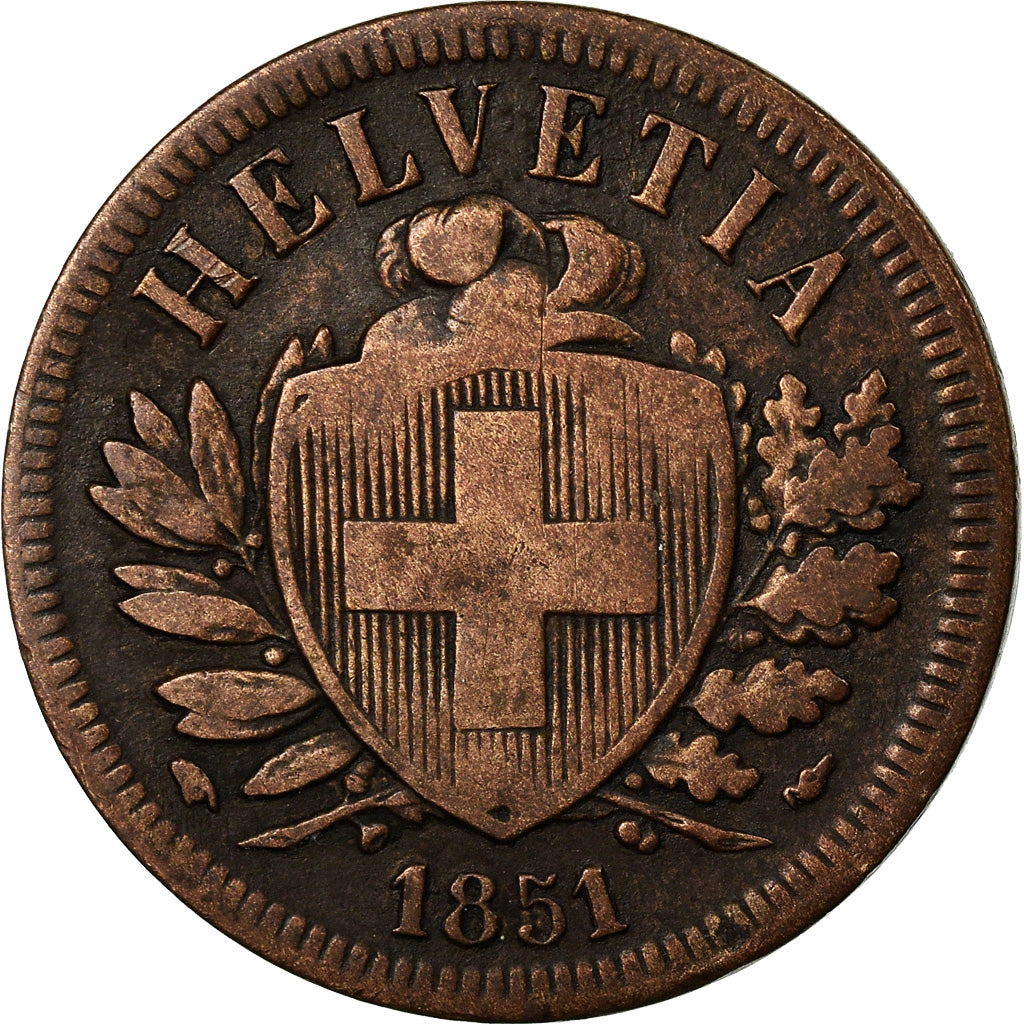 Coin, Switzerland, 2 Rappen, 1851, Paris, VF(20-25), Bronze, KM:4.1