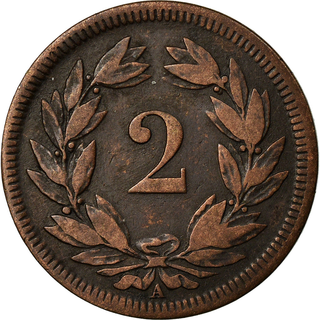 Coin, Switzerland, 2 Rappen, 1851, Paris, VF(20-25), Bronze, KM:4.1