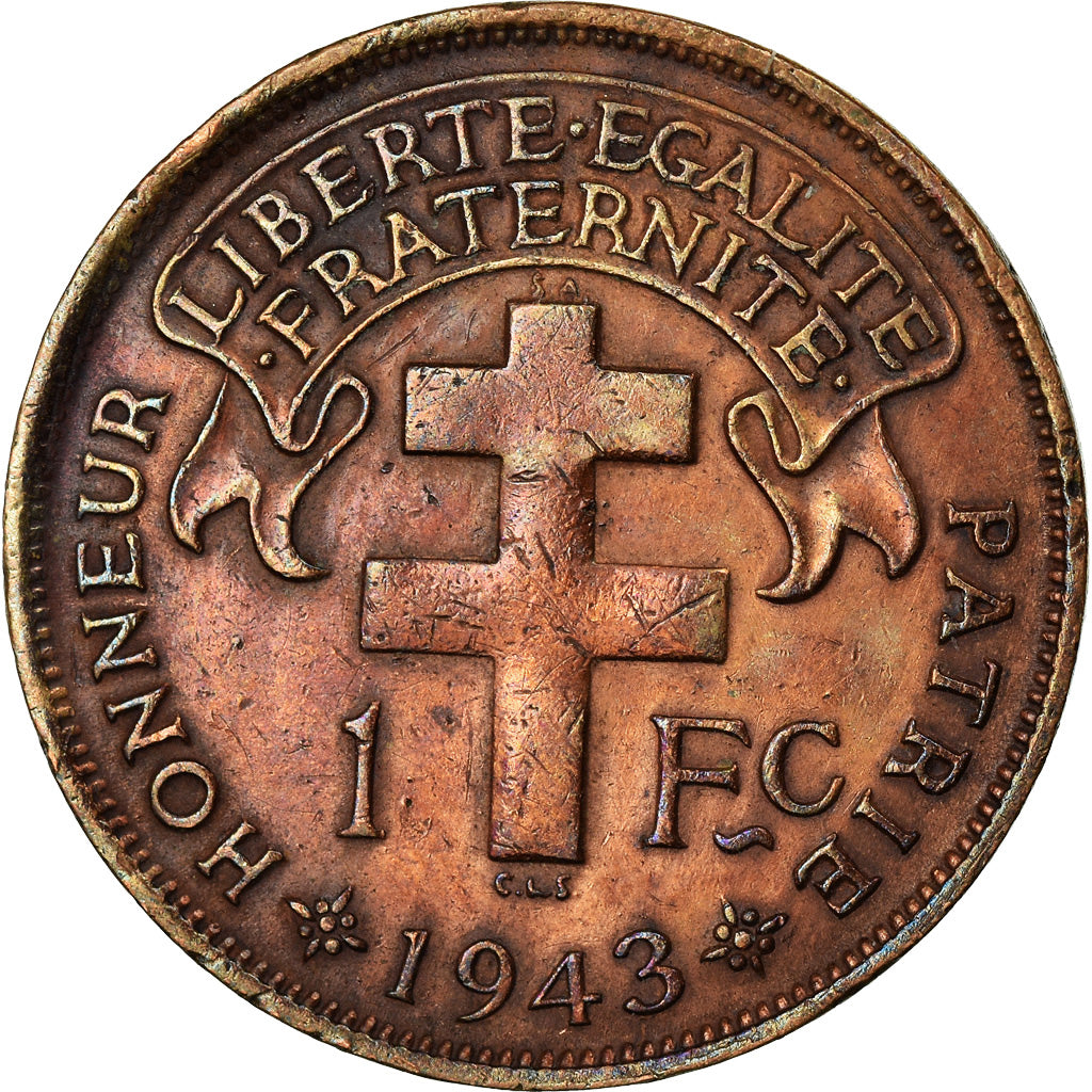 Madagascar, Franc, 1943, Pretoria, EF(40-45), Bronze, KM:2