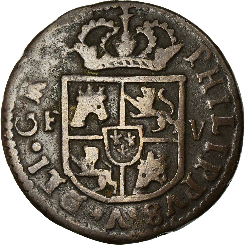 Moneda, España, Philip V, Seiseno, 1710, Valencia, BC+, Cobre, KM:248