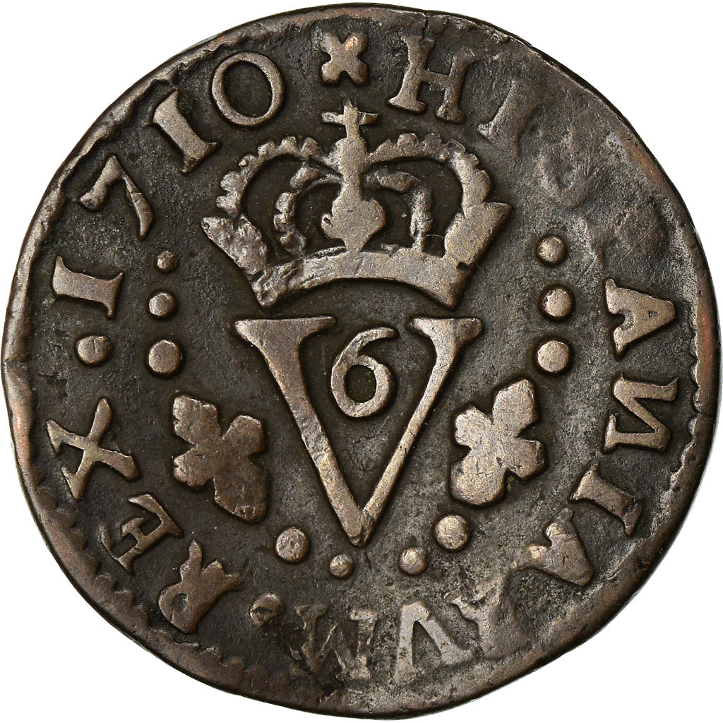 Moneda, España, Philip V, Seiseno, 1710, Valencia, BC+, Cobre, KM:248