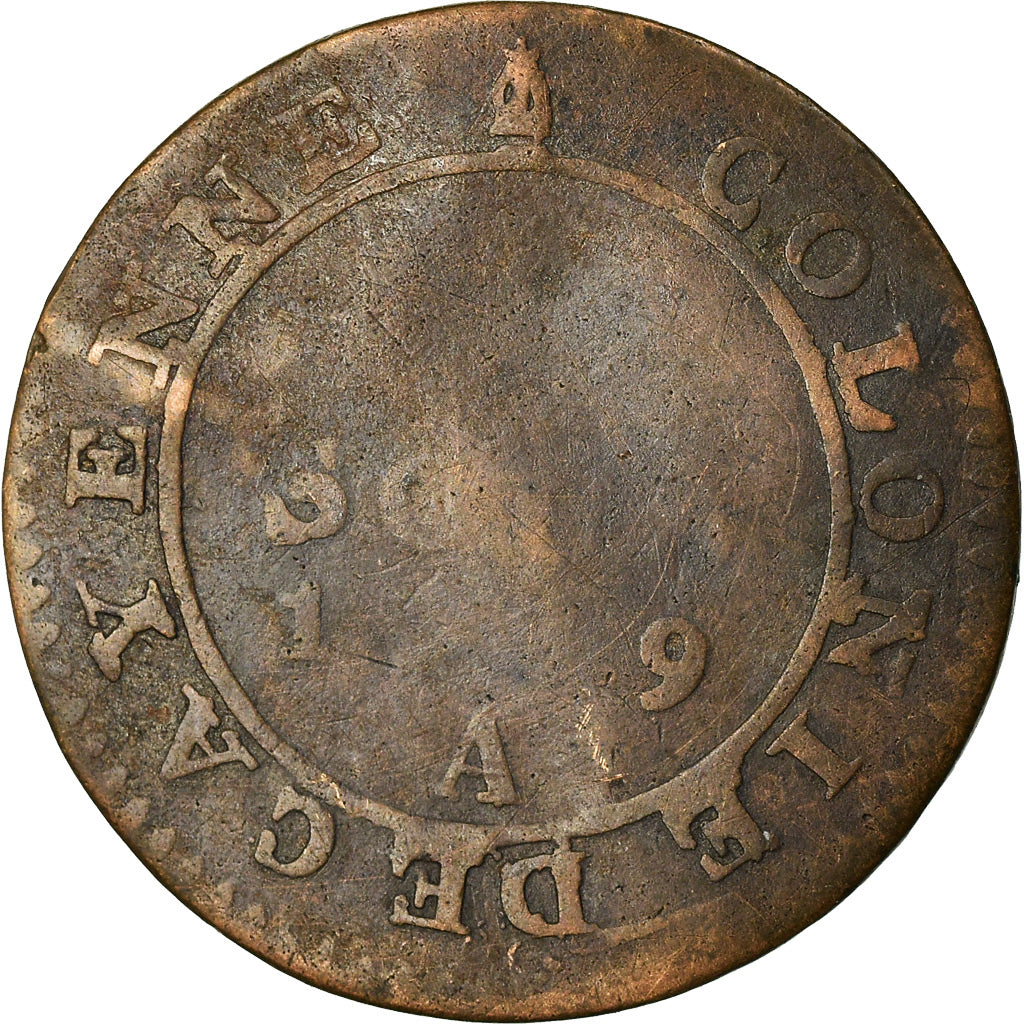 Moneda, GUAYANA FRANCESA, 2 Sous, 1789, Paris, BC, Vellón, KM:1, Lecompte:20