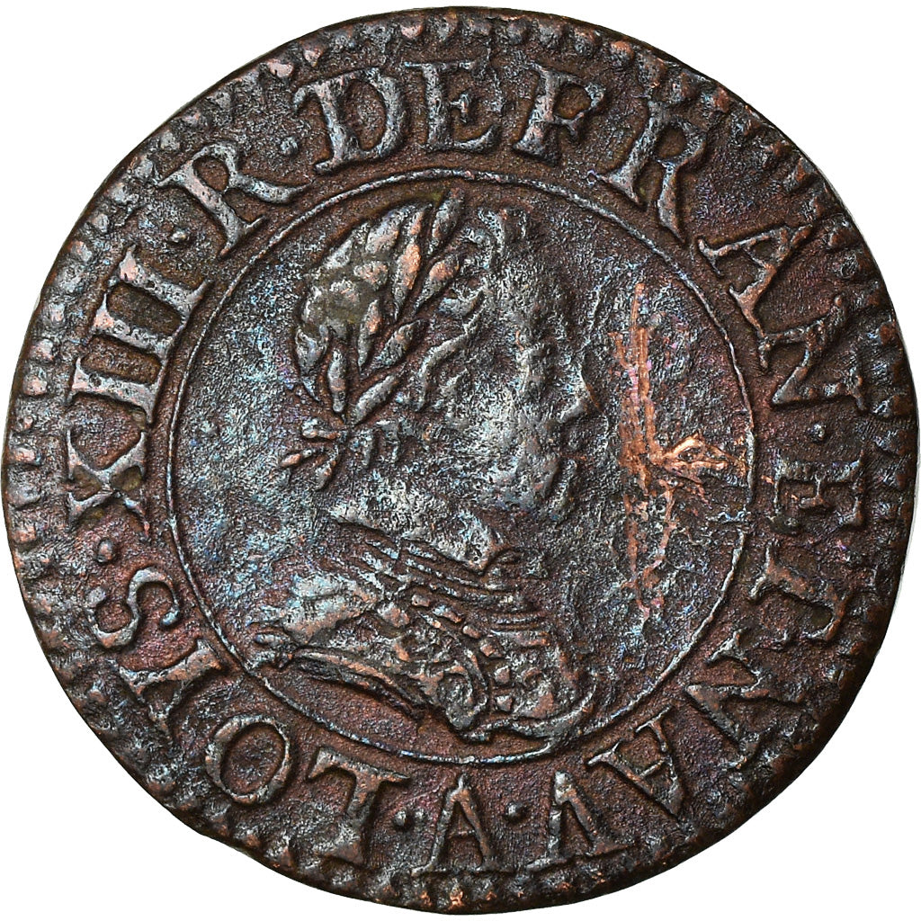 Coin, France, Louis XIII, Double Tournois, 1614, Paris, AU(55-58), Copper