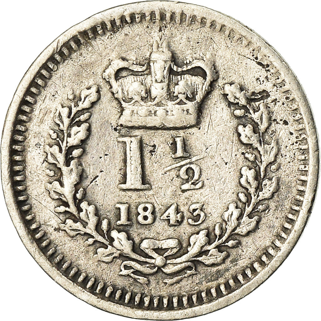 Coin, Great Britain, Victoria, 1-1/2 Pence, 1843, VF(20-25), Silver, KM:728