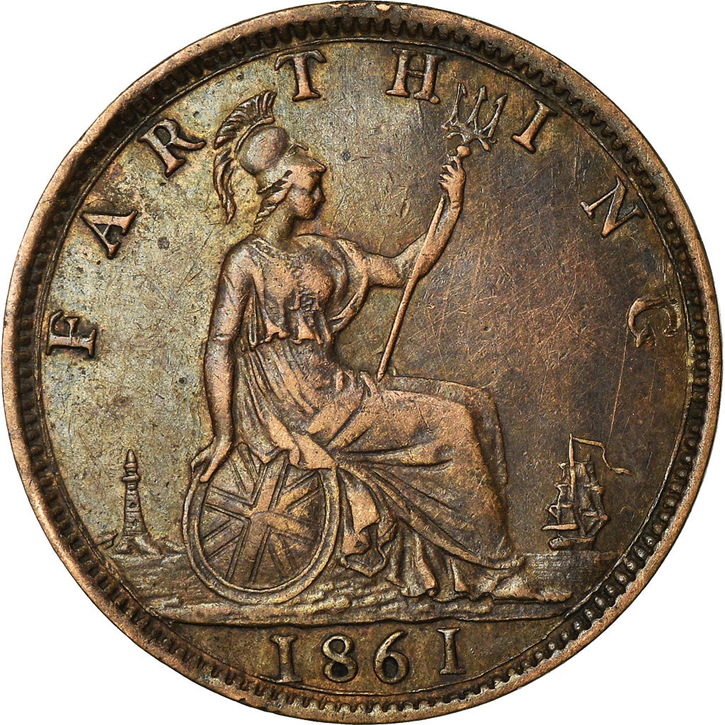 Coin, Great Britain, Victoria, Farthing, 1861, AU(50-53), Bronze, KM:747.2