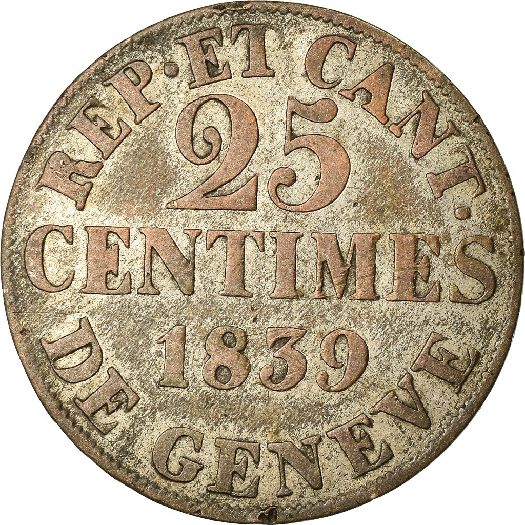 Coin, SWISS CANTONS, GENEVA, 25 Centimes, 1839, VF(30-35), Billon, KM:129