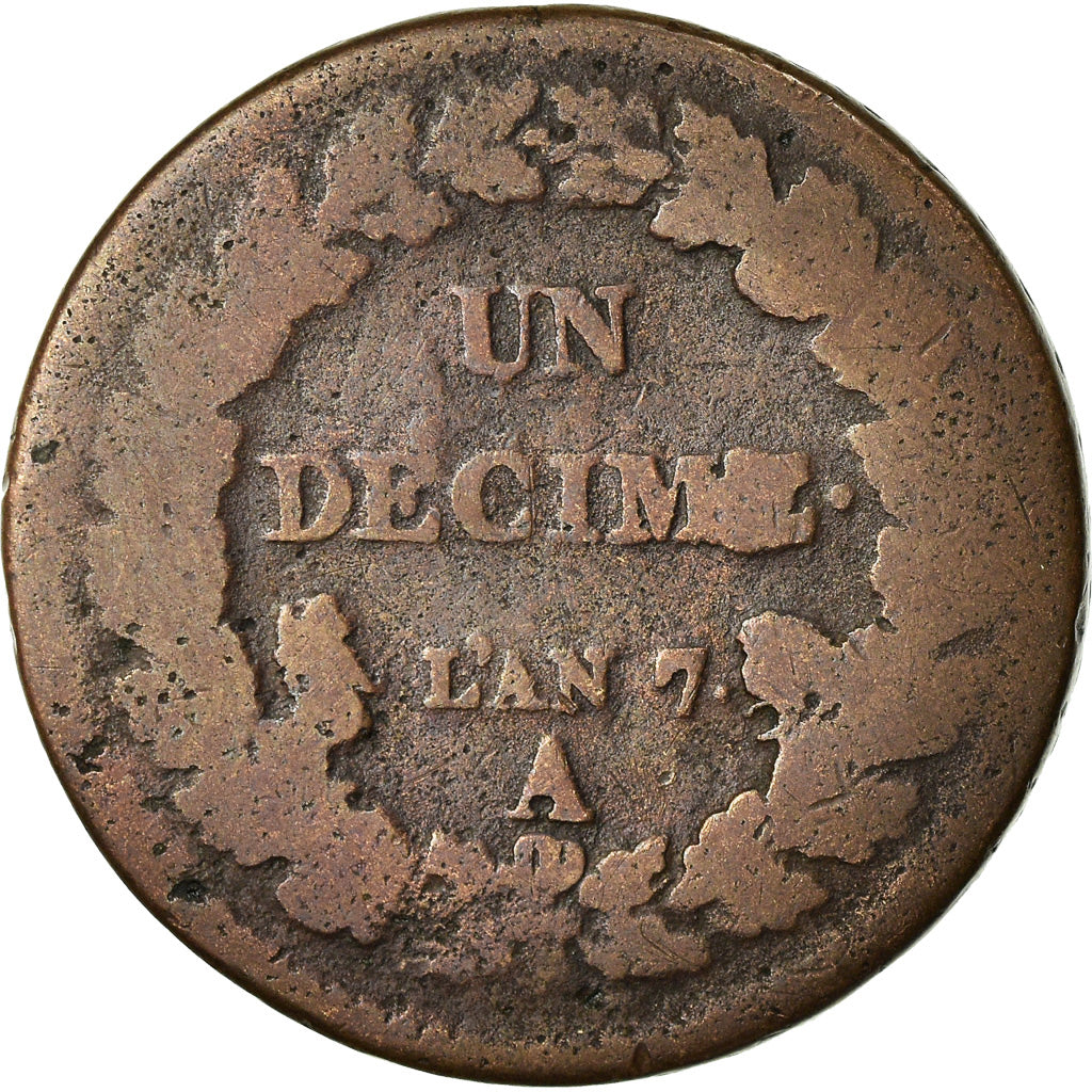 Munten, Frankrijk, Dupré, Decime, AN 7, Paris, ZG+, Bronze, KM:644.1