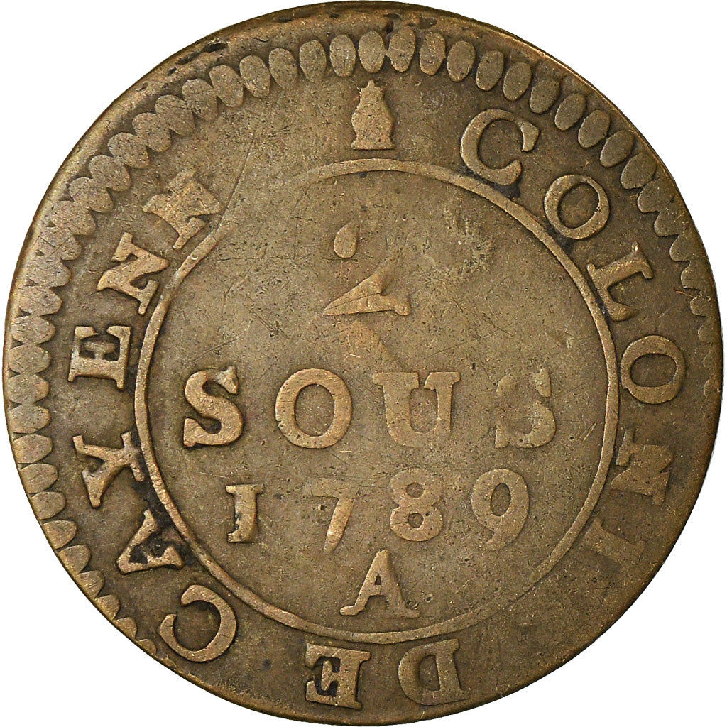 Moneta, Guinea francese, 2 Sous, 1789, Paris, MB, Biglione, KM:1, Lecompte:20